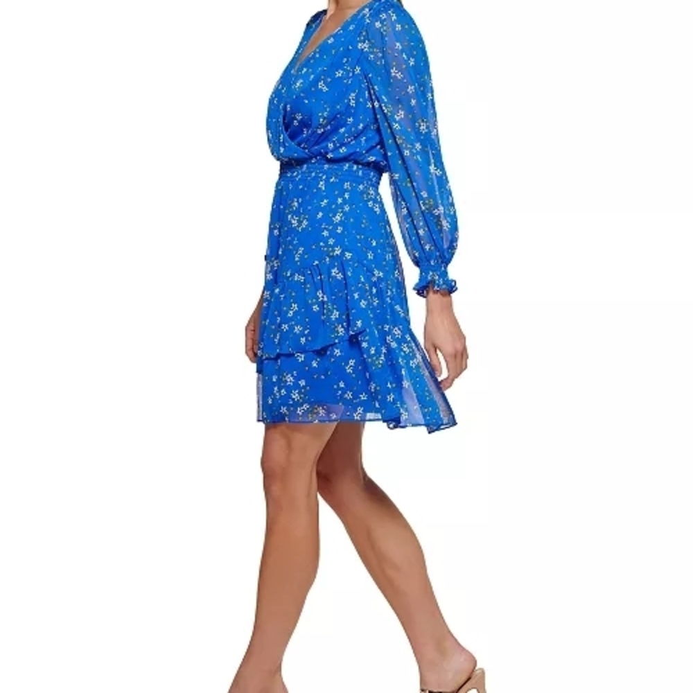 DKNYFloral-Print Faux-Wrap Dressl Blue Wrap Dress Size 12